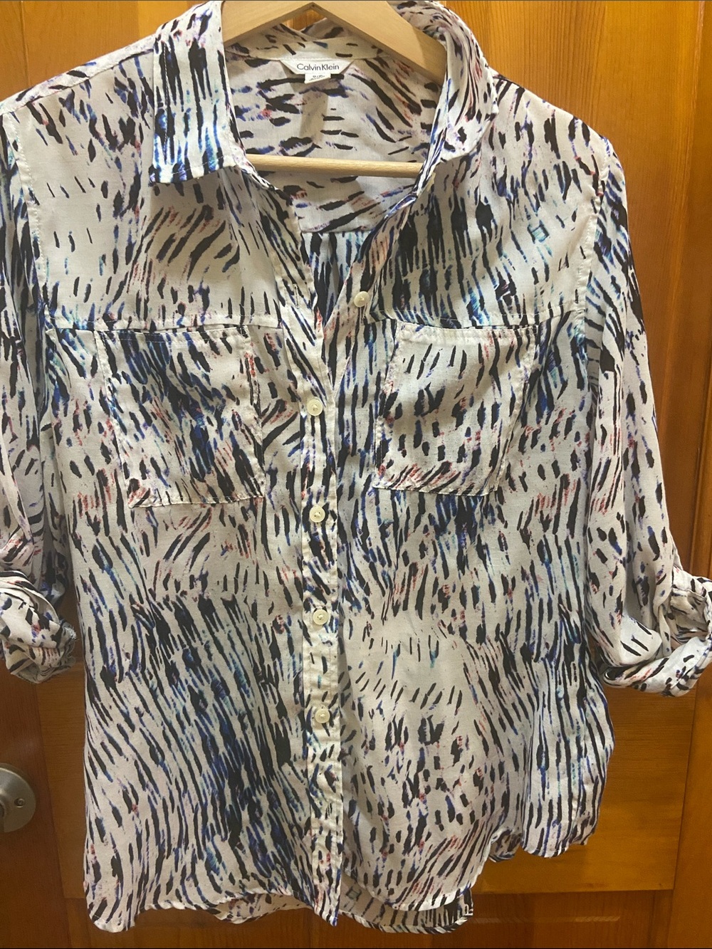 Calvin Klein White Button-Down Shirt with Blue and Black Brushprint